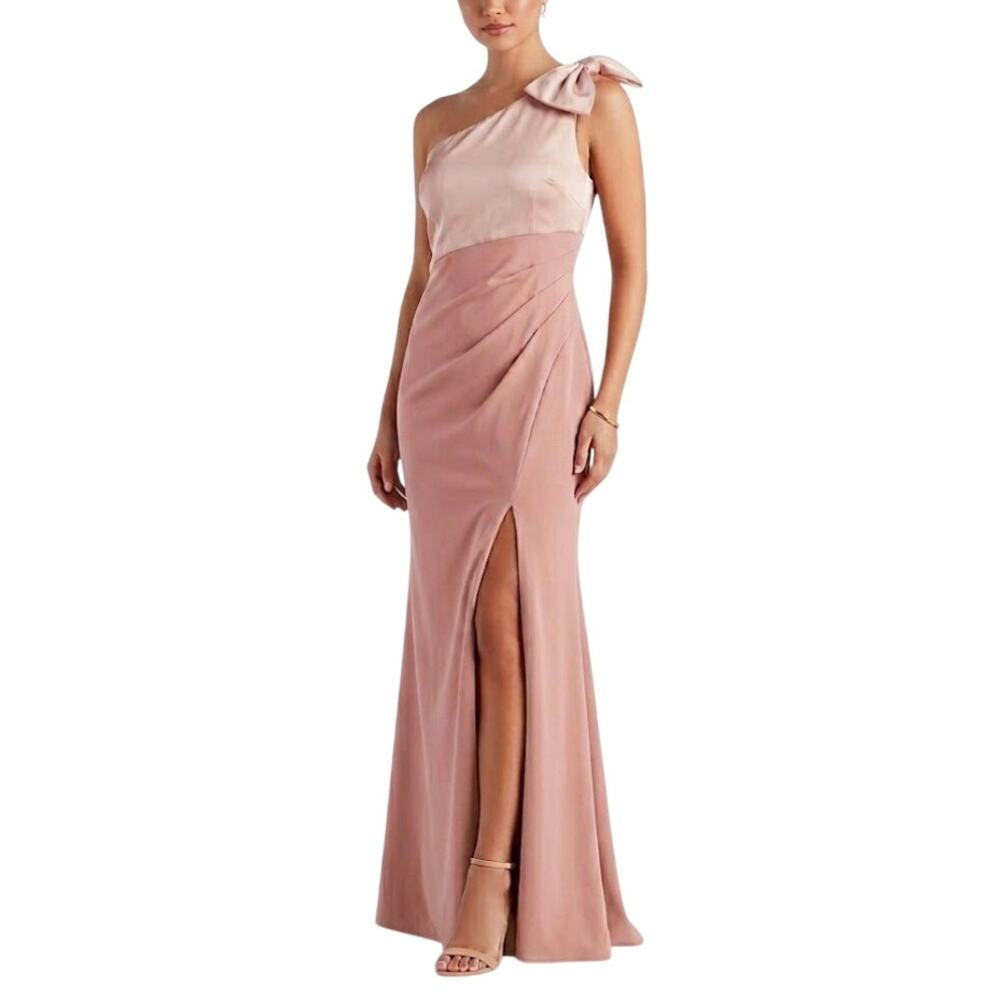 Adrianna Papell Pink Evening Gown Satin Crepe One Shoulder A-Line Dress Size 8
